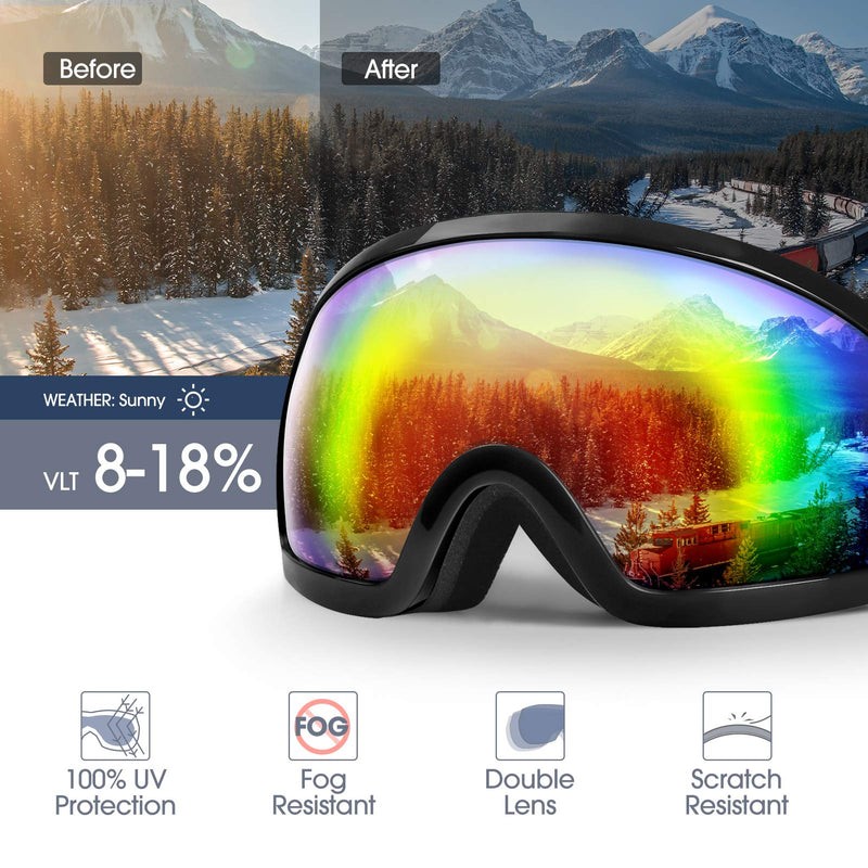 AKASO Ski Goggles, Snowboard Goggles - Anti-Fog, 100% UV Protection, Double-Layer Spherical Lenses, Helmet Compatible Snow Goggles for Men, Women, Youth & Kids Vlt 12% (Black Frame/Grey Lens With Red Revo) Adult Medium for Youth - BeesActive Australia