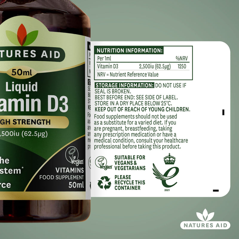 Natures Aid Vegan Vitamin D3/Cholecalciferol Liquid, 2500iu, Dropper Included, 50 ml (Pack of 1) - BeesActive Australia