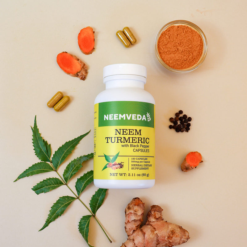 Neemveda Neem Turmeric Capsules with Black Pepper 120 Veg Capsules (Detox, Eczema, Skin Supplement) - BeesActive Australia
