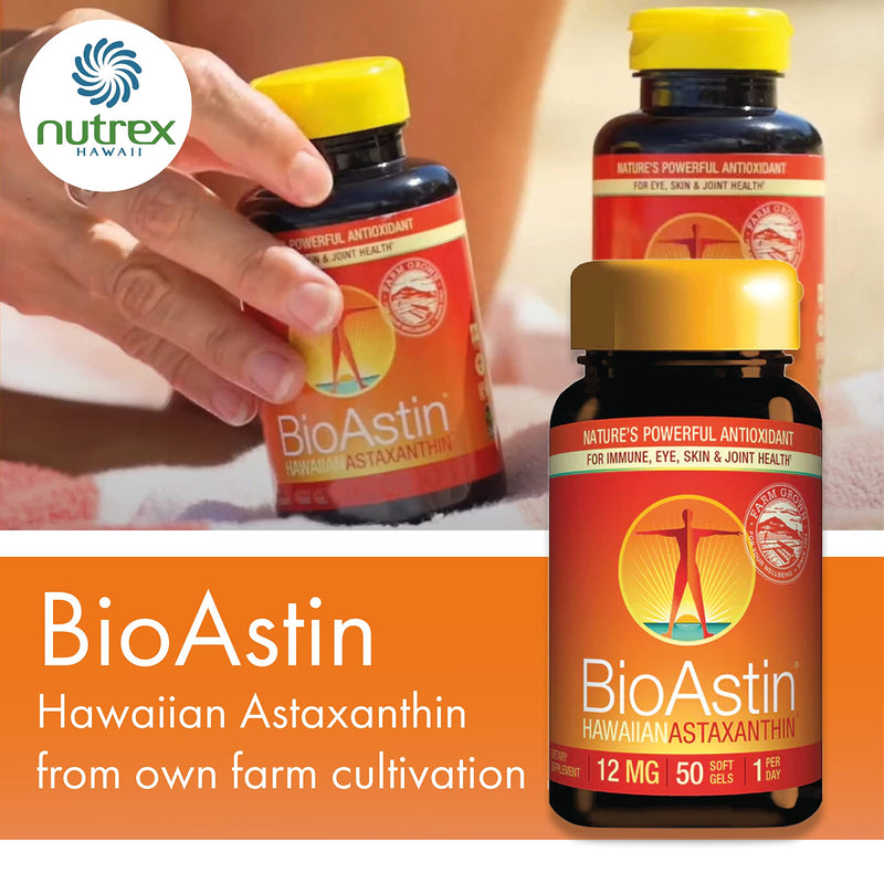 Nutrex Hawaii, BioAstin, Hawaiian Astaxanthin, 12 mg, 2-Day-Depot, 50 Soft Capsules, Lab Tested, Vitamin E, Gluten Free, Soy Free, Non-GMO - BeesActive Australia