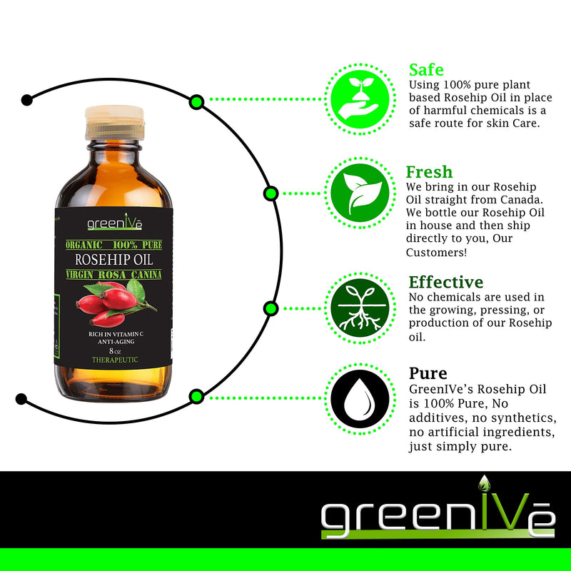 GreenIVe Rosehip Oil Rosa Canina 100% Pure Cold Pressed Virgin Oil Exclusively on Amazon (8 Fl Oz) 8 Fl Oz - BeesActive Australia