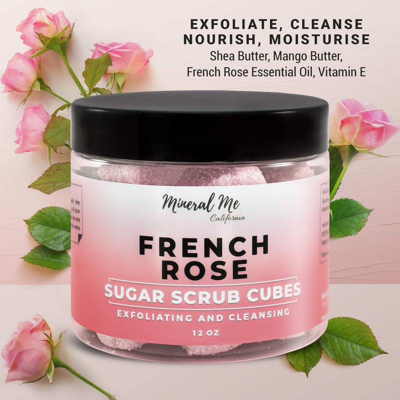 Body Scrub Exfoliator - 12oz FRENCH ROSE Sugar scrub cubes w/Mango Butter & Shea butter- Ultra Hydrating & Moisturizing - All Natural & Organic for all body exfoliation- For hands, arms, legs & foot - BeesActive Australia