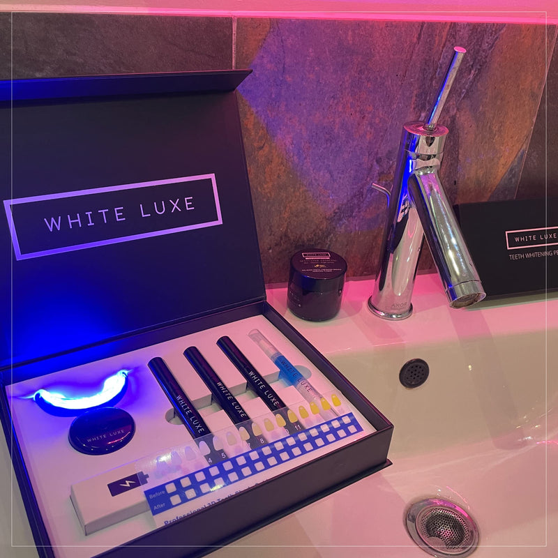 White Luxe Professional Teeth Whitening Kit for Sensitive Teeth with 2 Mode LED Mouthpiece - Peroxide Free & Vegan - Home Teeth Whitening Gift Box - BeesActive Australia