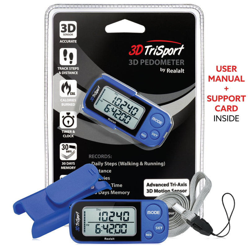 Realalt 3DTriSport Walking 3D Pedometer with Clip and Strap, Free eBook | 30 Days Memory, Accurate Step Counter, Walking Distance Miles/Km, Calorie Counter, Daily Target Monitor, Exercise Time. Blue - BeesActive Australia