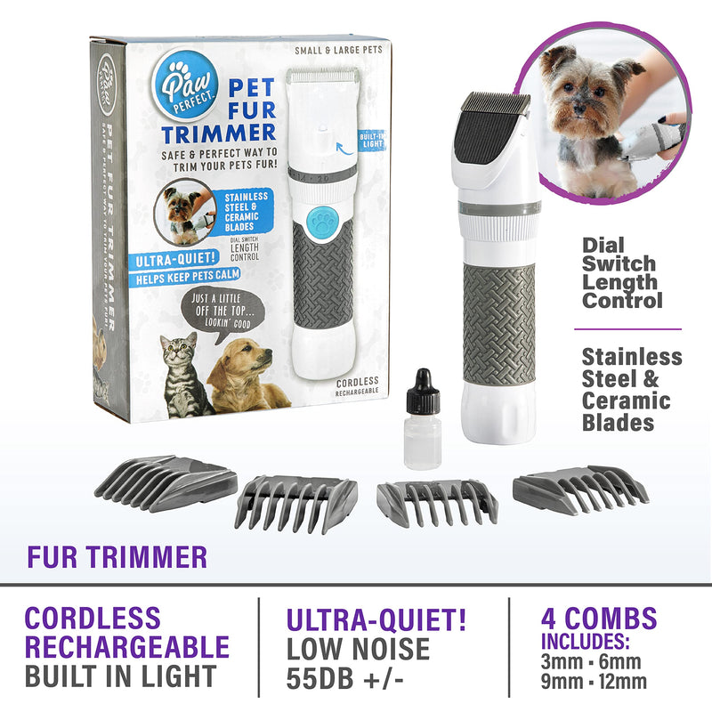 PawPerfect Pet Fur and Hair Trimmer by Bell+Howell Dog Hair Clippers with Stainless Steel and Ceramic Blades Low Noise Rechargeable and Cordless Shaver for Dogs Cats and Other Furry Pets As Seen On TV - BeesActive Australia