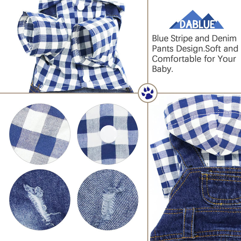 Pet Clothes Denim Dog Jeans Jumpsuit Striped or Grid Overall Hoodie Coat for Small Medium Puppy Cat Blue Plaid - BeesActive Australia