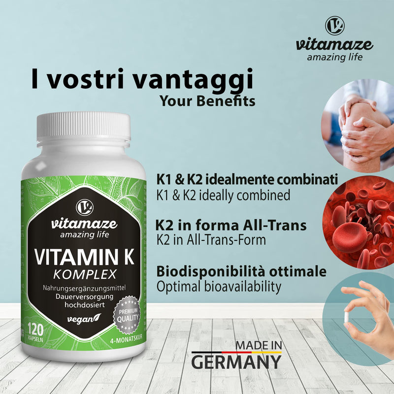 Vitamin K Complex K1 and K2 Menaquinone - High Strength (K1 1.000 mcg MK4 + K2 200 mcg MK7) - 120 Vegan Capsules for 4 Months - Best Bioavailability Supplement - Without Additives- Vitamaze Vitamin K Complex - BeesActive Australia