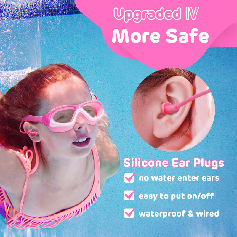 Vvinca Kids Swim Goggles for Kids 3-12, 2022 Upgraded Design with Ear&Nose Plug, Wide View Anit-Fog No Leak Water Pool Goggle 1 Pack Pink - BeesActive Australia