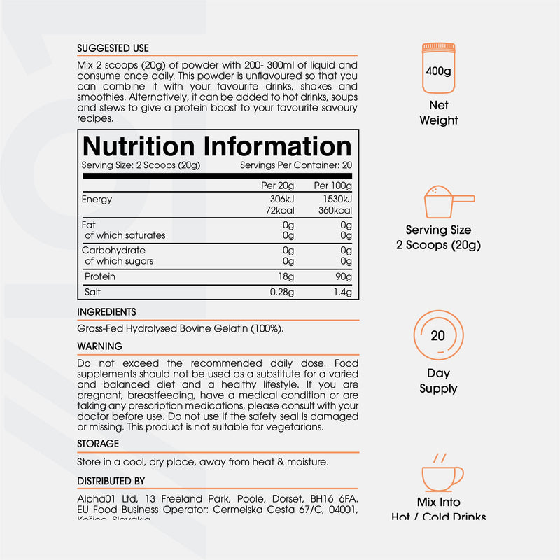 Bone Broth Beef Protein Powder - 400g - Unflavoured - 100% Grass-Fed & Pasture Raised Beef - Paleo & Keto Friendly. Halal, Kosher 400 g (Pack of 1) - BeesActive Australia