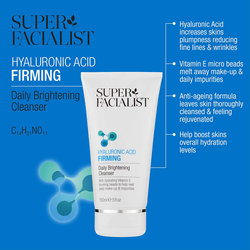 Super Facialist Hyaluronic Acid Firming Daily Brightening Cleanser, with Moisturising Vitamin E Beads and Mango Seed Oil, Vegan Friendly, 150 ml - BeesActive Australia