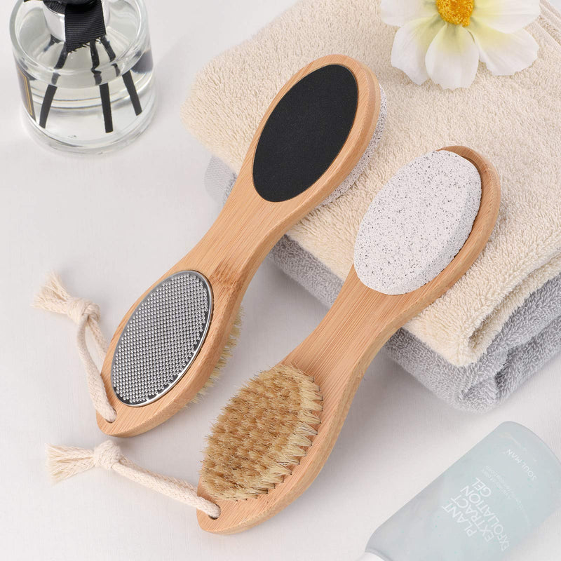 KALESUKI Foot File Callus Remover, Multi-purpose 4 in 1 Feet Pedicure Scrubber Exfoliator Tools with Foot Care Bristle Brush, Pumice Stone, Mental Foot Rasp, Sand Paper and Bamboo Handle - BeesActive Australia