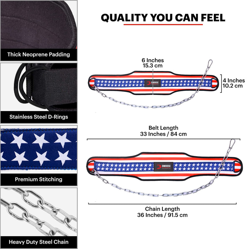 DMoose Dip Belt for Weightlifting, Weight Belt with Chain for Pullup, Gym Lifting Belt for Powerlifting, Squat, Bodybuilding, Heavy Duty Steel, Workout Belt with Comfortable Neoprene Support American - BeesActive Australia