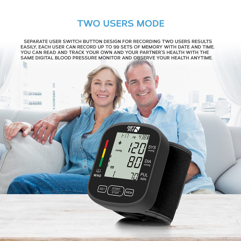 Get Fit Wrist Blood Pressure Monitor for Home Use - Medical Blood Pressure Machine Reader - Dual Users 2x99 Memory - Sphygmomanometer Adjustable Wrist Cuff, LCD Display, Pulse Rate Monitor - Black One Size - BeesActive Australia
