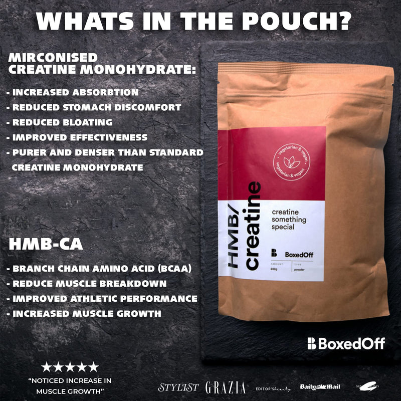 Boxed Off Micronised Creatine Monohydrate and HMB, Unflavoured, Vegan Food Supplement, Scientifically Proven to Increase Muscle Mass, Strength and Aid Recovery - Powder 240g (60 Servings) - BeesActive Australia