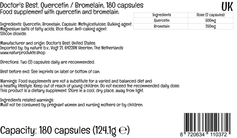 Doctor's Best, Quercetin Bromelain, 180 Vegan Capsules, Highly Dosed, Laboratory Tested, SOYA-Free, Gluten-Free, Non-GMO - BeesActive Australia