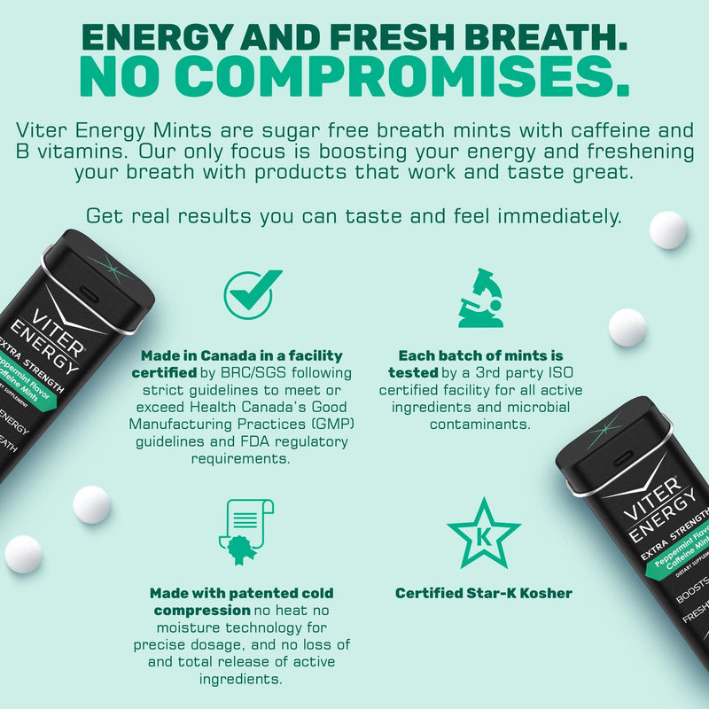 Viter Energy Extra Strength Caffeinated Mints - 80mg Caffeine, B Vitamins, Sugar Free Vegan Breath Mint. Powerful Energizing Boost. 1 Mint Replaces 1 Coffee, Gum, Chews, Gummies (Peppermint, 6 Pack) Peppermint 20 Count (Pack of 6) - BeesActive Australia