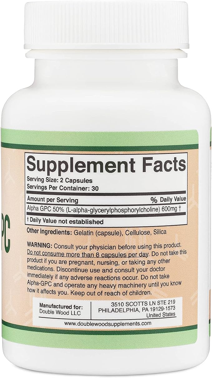 Double Wood Supplements Alpha GPC Choline Supplement, Made in the USA (60 Capsules 300mg) - BeesActive Australia