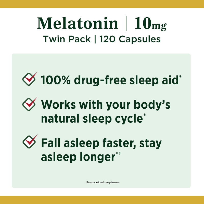 Melatonin by Nature's Bounty, 100% Drug Free Sleep Aid, Dietary Supplement, Promotes Relaxation and Sleep Health, 10mg, 60 Capsules (Pack of 2) 60 Count (Pack of 2) - BeesActive Australia