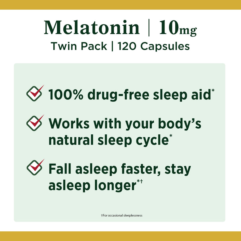 Melatonin by Nature's Bounty, 100% Drug Free Sleep Aid, Dietary Supplement, Promotes Relaxation and Sleep Health, 10mg, 60 Capsules (Pack of 2) 120 Count - BeesActive Australia