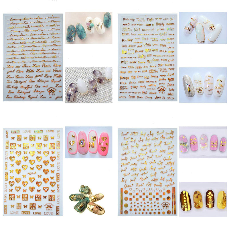 EBANKU Gold Nail Stickers Decals 12 Sheets 3D Luxury English Letter Design Self-Adhesive Nail Art Sticker for Acrylic Nails DIY Decoration Supplies - BeesActive Australia