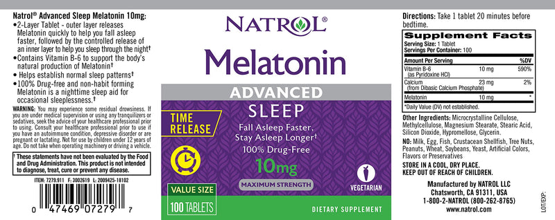 Natrol Melatonin Advanced Sleep Tablets with Vitamin B6, Helps You Fall Asleep Faster, Stay Asleep Longer, 2-Layer Controlled Release, 100% Drug-Free, Maximum Strength, 10mg, 100 Count 100 Count (Pack of 1) - BeesActive Australia