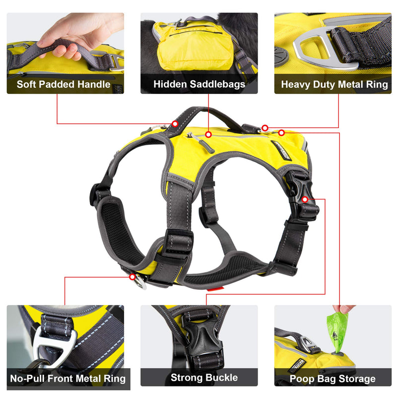 Fida Dog Harness Heavy Duty Dog Pack Hound Dog Saddle Bag Backpack for Travel Camping Hiking Small Medium & Large Dog with 2 Hidden Side Pockets Small (Neck:14"-18";Chest:20"-22.5") Yellow - BeesActive Australia