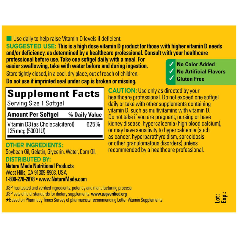 Nature Made Extra Strength Vitamin D3 5000 IU (125 mcg), 360 Softgels, High Potency Vitamin D Helps Support Immune Health, Strong Bones and Teeth, & Muscle Function 360 Count (Pack of 1) - BeesActive Australia
