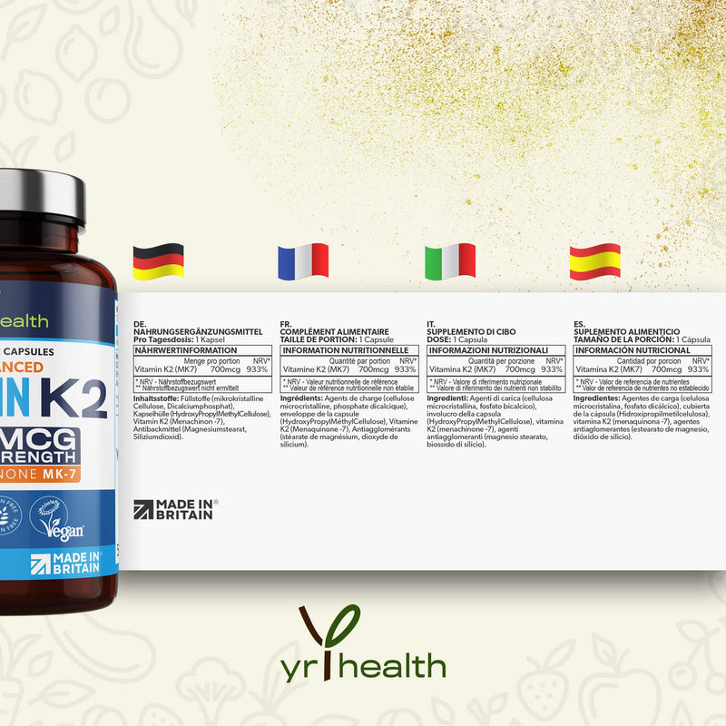 Vitamin K2 MK7 700mcg - High Strength Vitamin K2 Menaquinone - 90 Vegan Society Registered Capsules Not Tablets - Made in The UK by YrHealth - BeesActive Australia