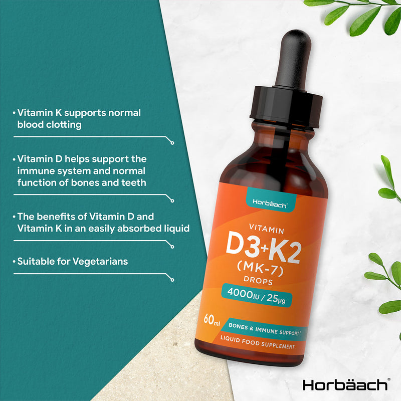 Vitamin D3 4000 IU Plus Vitamin K2 MK7 25ug | 60 ml Liquid Drops | High Strength Bone Health and Immune Support | by Horbaach - BeesActive Australia