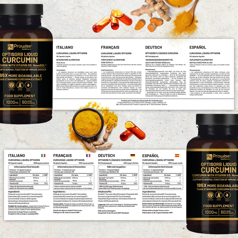 Optisorb Liquid Curcumin with Vitamin D - 60 Liqcaps | 185x Turmeric & Curcumin Bioavailability - Ultra Bioavailable | Liquid Capsules with 500mg NovaSOL� per Capsule - UK Manufactured - BeesActive Australia