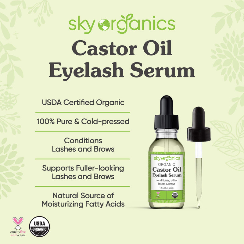 Organic Castor Oil Eyelash Serum by Sky Organics (1 oz) USDA Organic Cold-Pressed 100% Pure Castor Oil Natural Eyelash Serum Hexane-free Castor Oil with Mascara Brushes for Eyelashes and Eyebrows 1 Fl Oz (Pack of 1) - BeesActive Australia