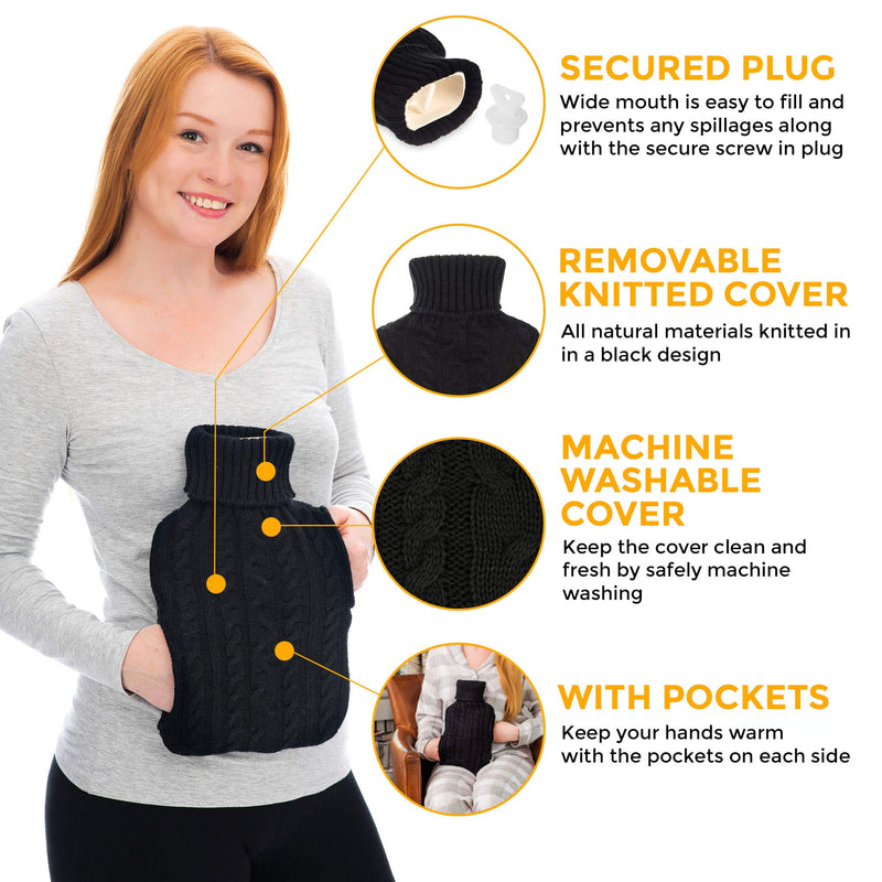 LIVIVO 2L Hot Water Bottle with Insulating Cover and Pockets for Hands - Keep Cosy and Warm (Black Knit) Black Knit - BeesActive Australia