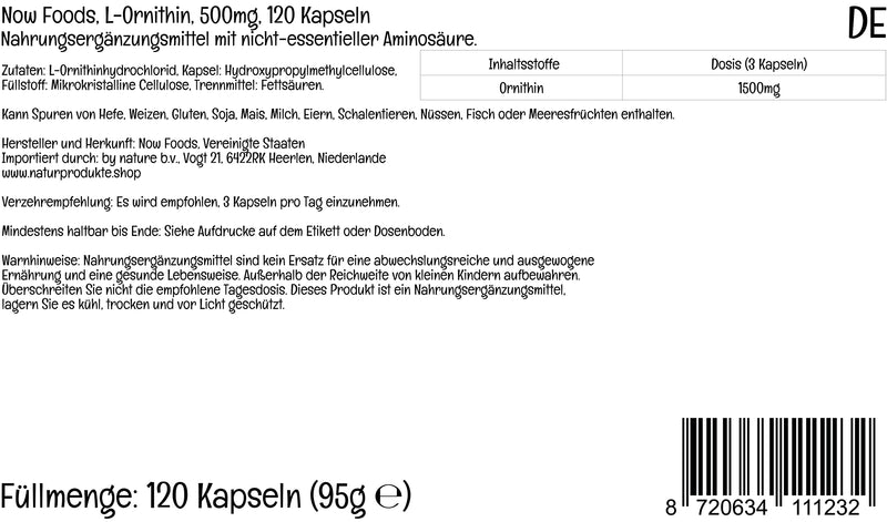 Now Foods, L-Ornithine, 500mg, 120 Vegan Capsules, Lab-Tested, Amino Acid, Gluten Free, Soy Free, Vegetarian - BeesActive Australia