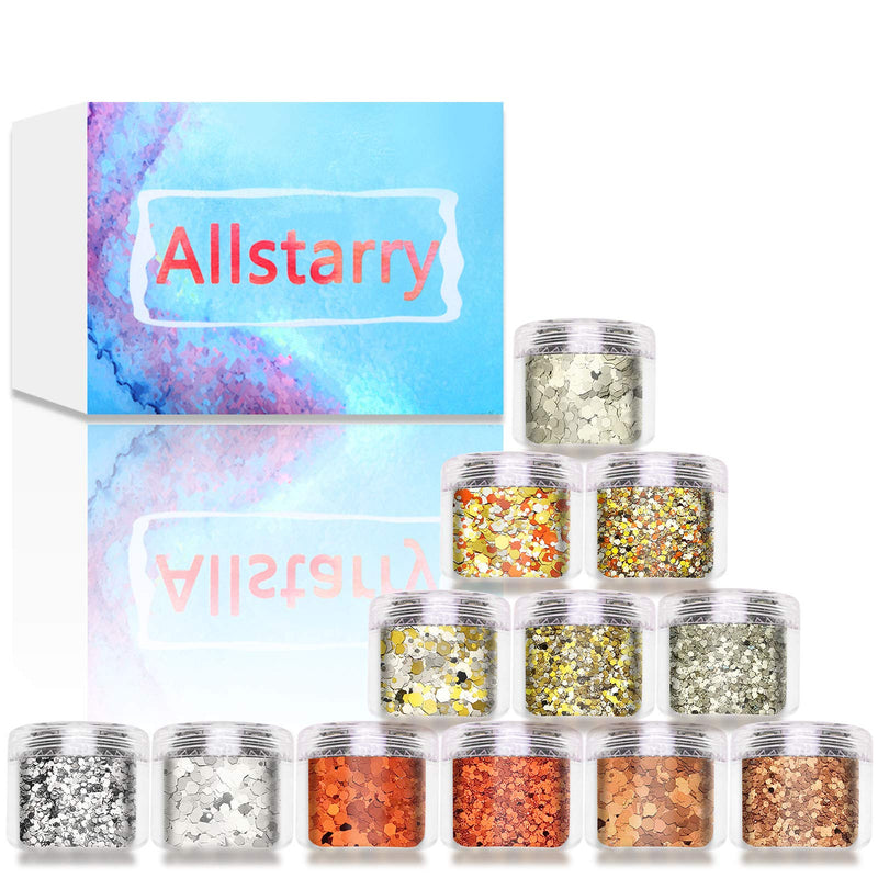 Allstarry 12 Boxes Nail Glitter Autumn Chunky Nail Sequins Orange Copper Nail Flakes Decals for Makeup DIY Nail Art Decoration Autumn Gold - BeesActive Australia