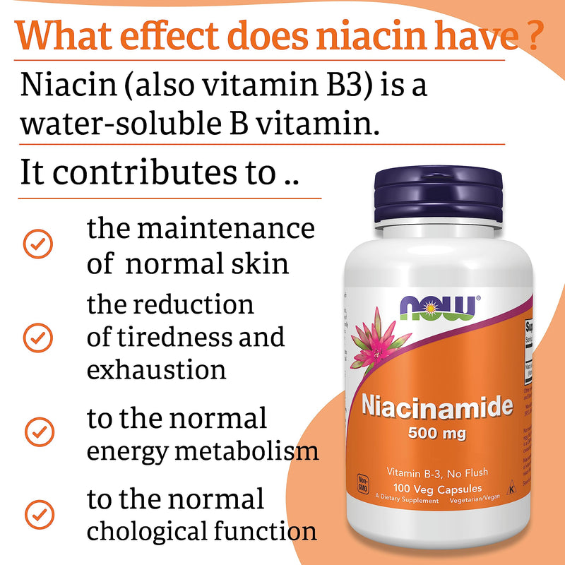 Now Foods, Niacinamide, 500mg, 100 Vegan Capsules, Lab-Tested, Vitamin B3, Gluten Free, Soy Free, Vegetarian - BeesActive Australia