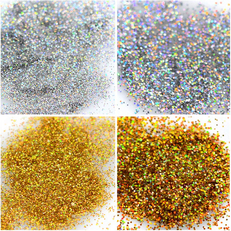 Nail Glitter Powder Holographic Nail Sequins Laser Effect Gold Silver Nail Glitter Flakes 3D Nails Supply Sparkle Manicure Nail Art Design Glitter Dust Acrylic Nails Art Decorations (1 Boxes) - BeesActive Australia