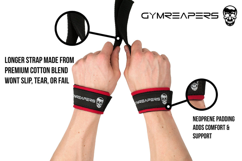 Gymreapers Lifting Wrist Straps for Weightlifting, Bodybuilding, Powerlifting, Strength Training, Deadlifts - Padded Neoprene with 18 inch Cotton Black/Red - BeesActive Australia