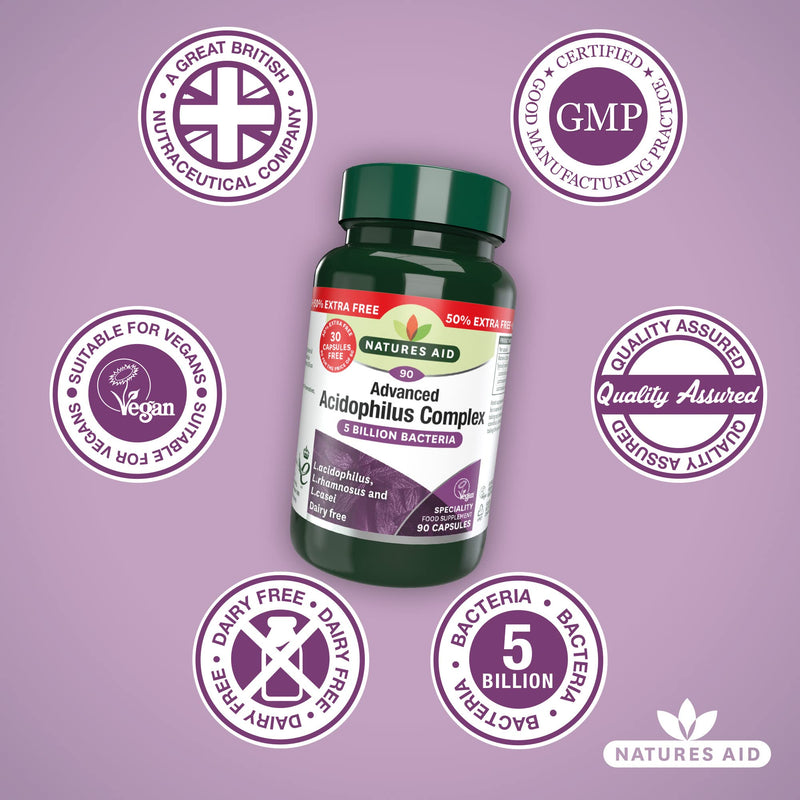 Natures Aid Acidophilus Complex, 5 Billion Bacteria, 90 Capsules (Lactobacillus Acidophilus, Lactobacillus Rhamnosus, Lactobacillus Casei, Good Bacteria, Shelf Stable, Vegan Society Approved) - BeesActive Australia