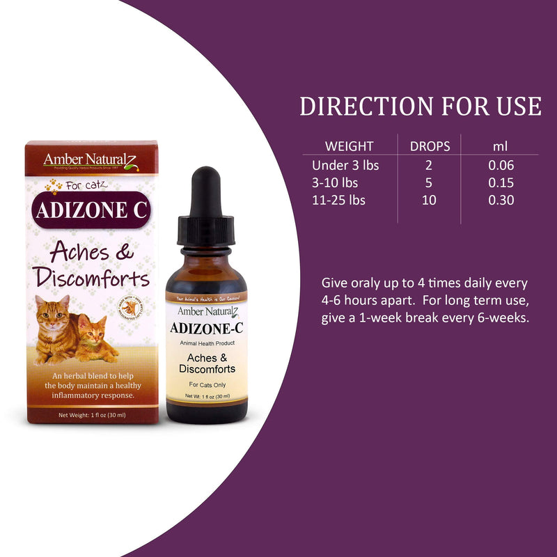 AMBER NATURALZ - ADIZONE C - Aches & Discomforts - for Catz - 1 Ounce - BeesActive Australia