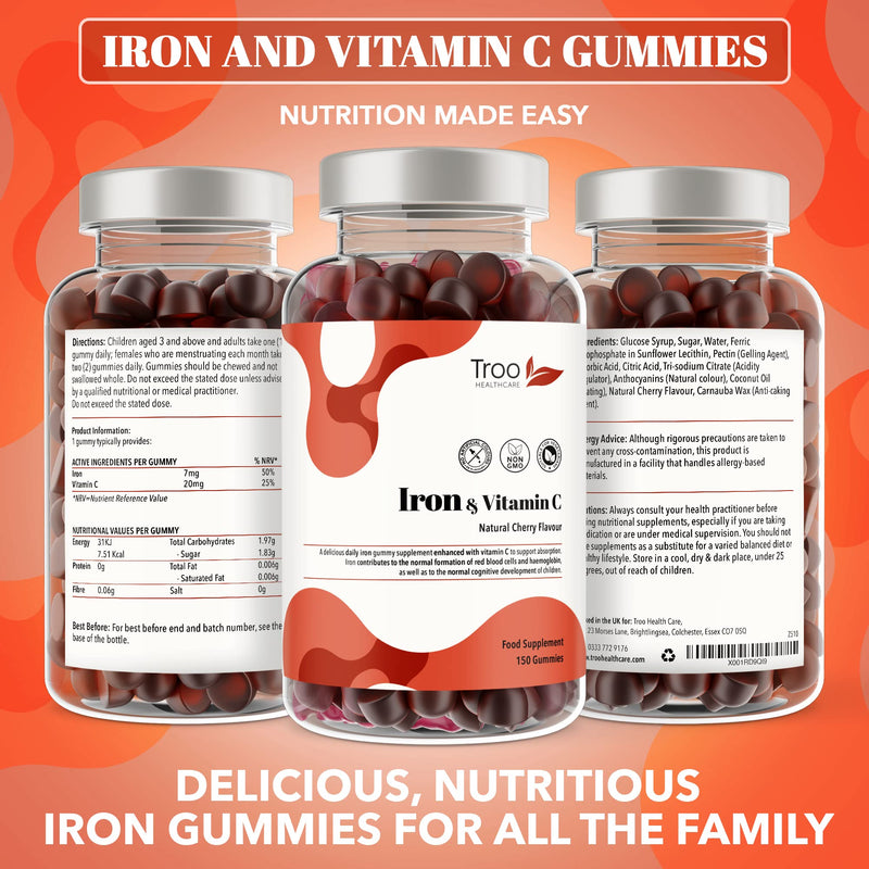 Iron & Vitamin C - 150 Natural Cherry Flavour Gummies - Tasty Chewable Supplement for Men, Women and Kids - Increased Absorption Supports Cognitive Development & Red Blood Cell Formation - BeesActive Australia