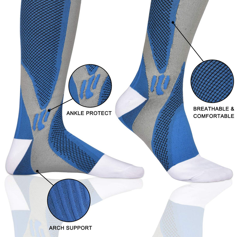 Evolyline 3 Pairs Compression Socks for Women & Men, Knee Length Medical Compression Socks Men, Fit for Running Flying Nursing Flight Travel Sports varicose veins Promote Circulation 20-30 mmhg L-XL Black+White+Blue - BeesActive Australia