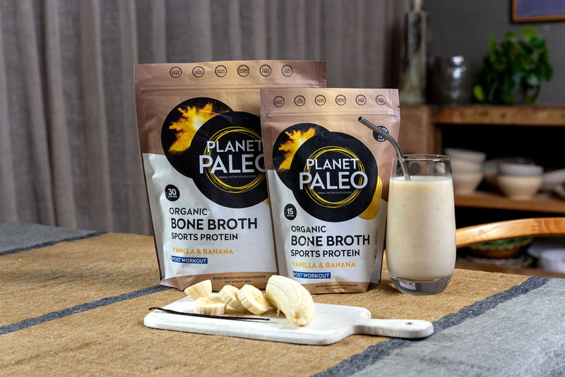 Planet Paleo Organic Bone Broth Protein Powder (480g, 30 Servings) - Vanilla & Banana | Organic, Grass Fed, High Protein | Tissue Recovery & Fitness | Post-Workout | 13g Protein per Serving 480g - BeesActive Australia