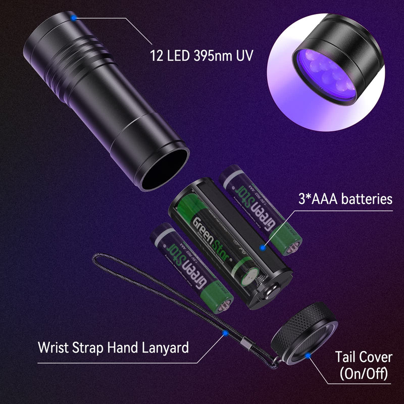 UV Flashlights, 2 Pack Black Light Flashlights with 12 LED and 395 nm Black Light for Pet Urine and House Stains Detecting, 6 AAA Batteries Included - BeesActive Australia