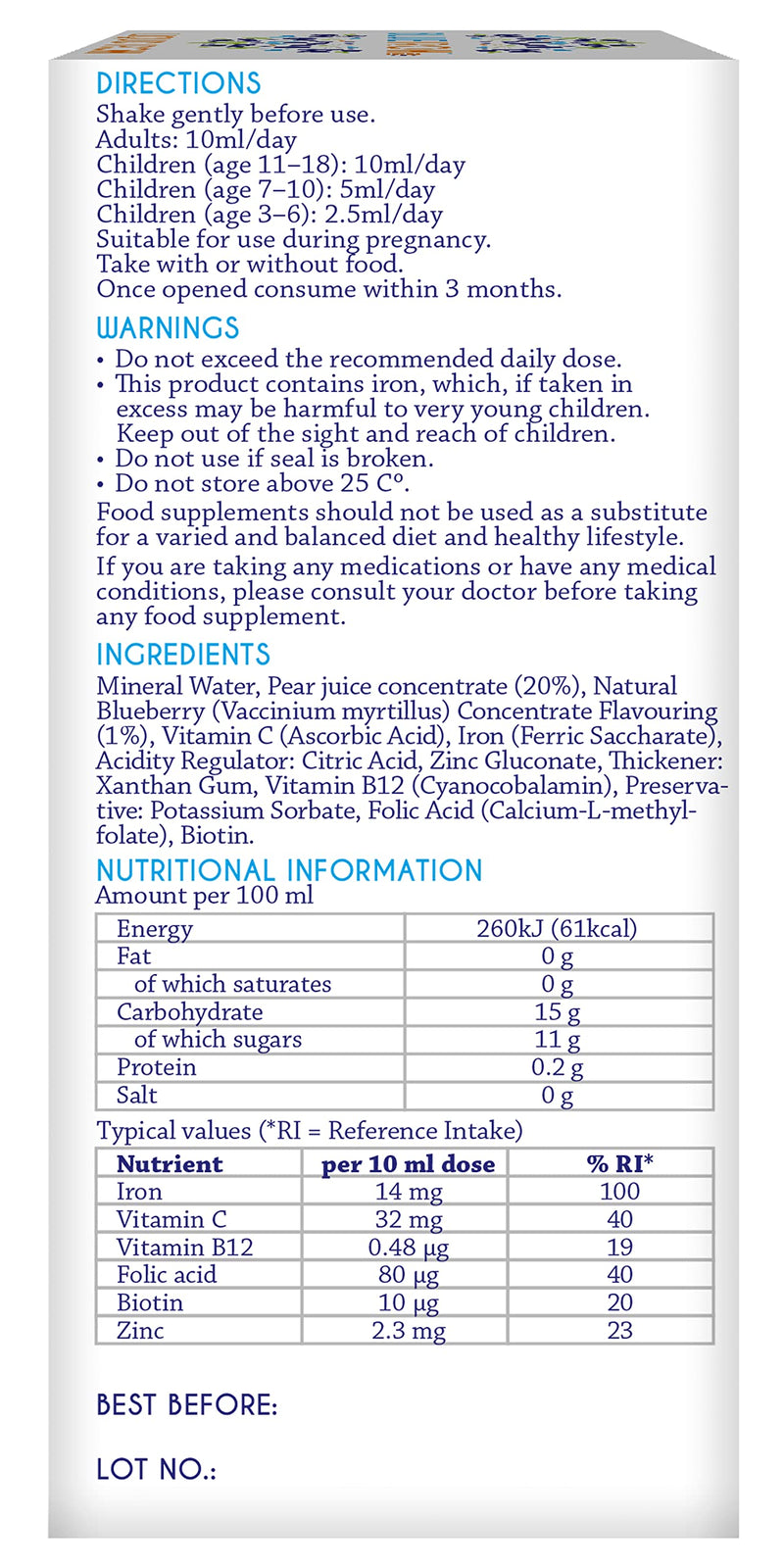 Blueiron Liquid Iron Supplement with Nordic Blueberries + Vitamin C, Vitamin B12, Folic Acid, Biotin and Zinc | 250ml | Suitable for Vegans | Easily Absorbed and Gentle On The Stomach - BeesActive Australia