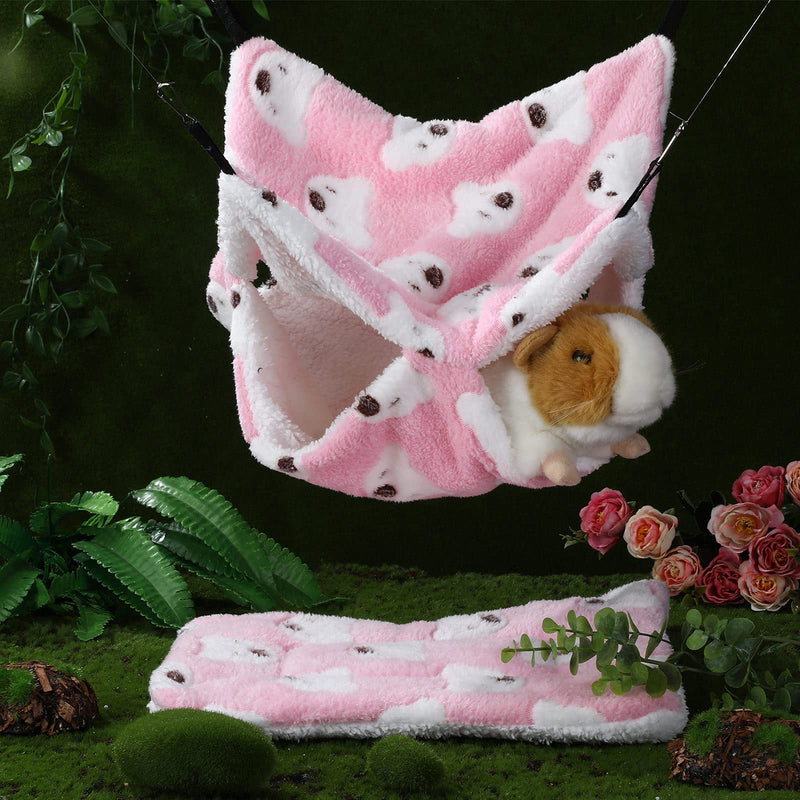 2 Pieces Guinea Pig Hammock and Mat Bed Set Soft Mat Guinea Pig Cage Accessories Hideout Tunnel Cave Thicken Fancy Bunkbed Hammock for Rat Ferret Sugar Glider Pink Bear - BeesActive Australia