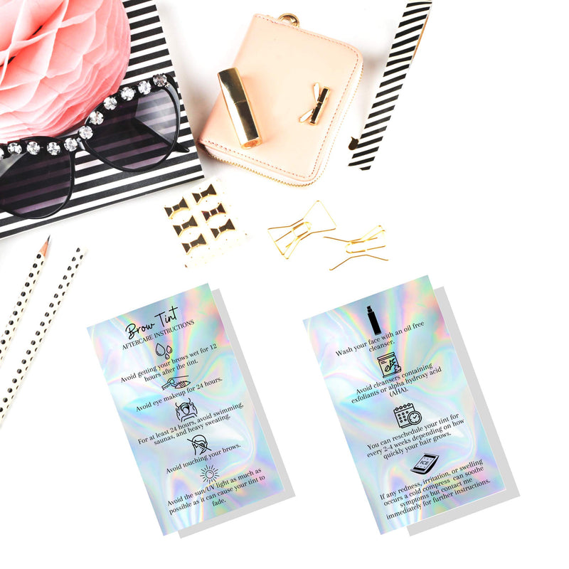 Brow Tint Aftercare Instruction Cards | 50 Pack | 2x3.5” inches Business Card Size | Brow Tint Henna |Snatched Brows Non Reflective Matte Holographic Look Design (Holographic) - BeesActive Australia