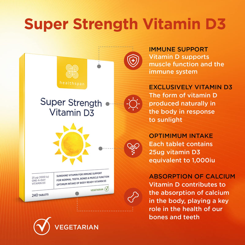 Healthspan Super Strength Vitamin D3 (240 Tablets) | Immune Health | Bone, Teeth & Muscle Health | Contains 1,000iu of Natural Source Vitamin D3 in Each Tablet | Vegetarian 240 Count (Pack of 1) - BeesActive Australia