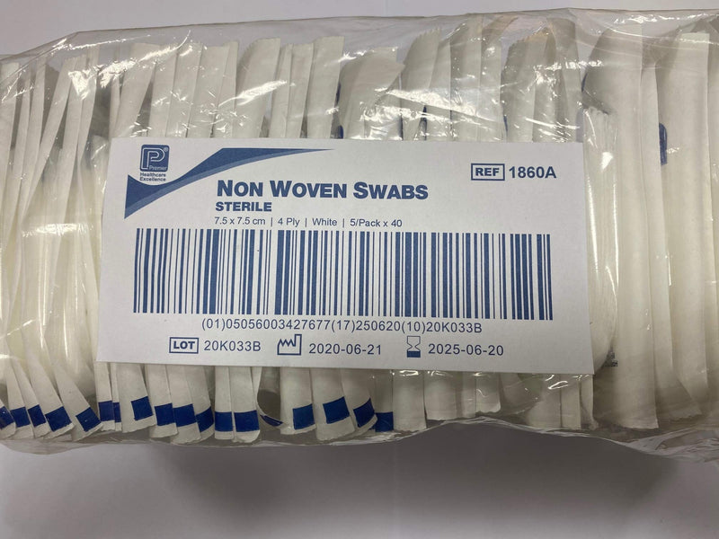Premier 1860A 4 Ply Sterile Absorbent Non Woven Swab, 7.5cm x 7.5cm, 5 Count (Pack of 40) - BeesActive Australia
