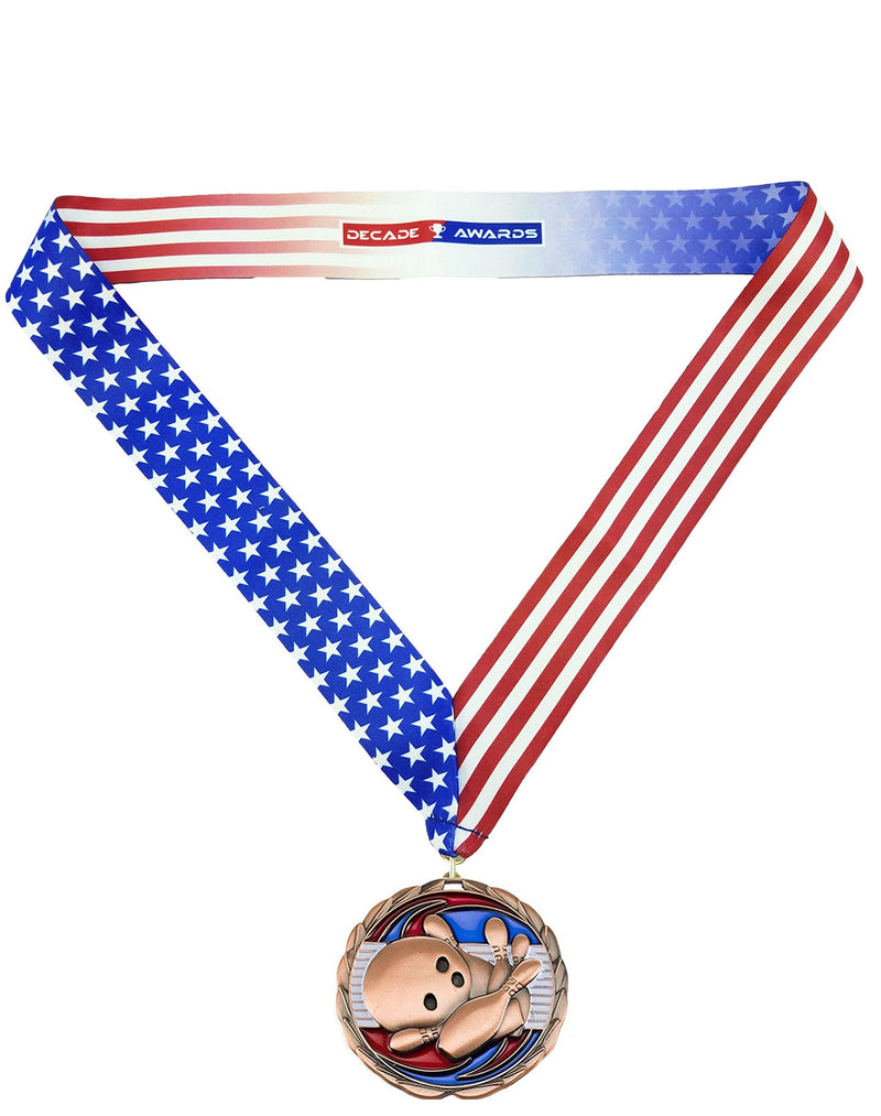 Decade Awards Bowling Color Medal - 2.5 Inch Wide Tournament Medallion with Stars and Stripes American Flag V Neck Ribbon BRONZE - BeesActive Australia