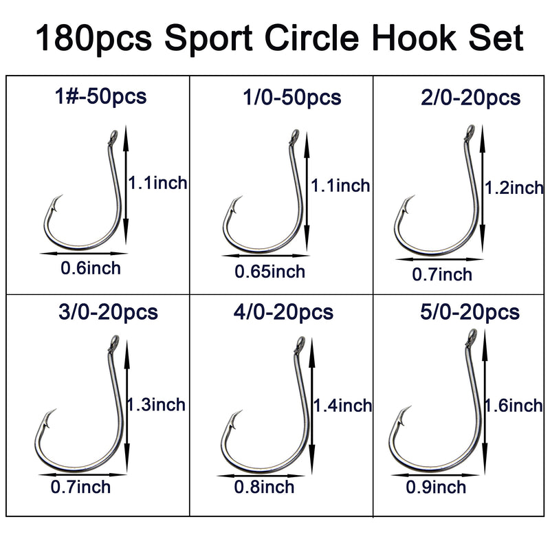 [AUSTRALIA] - Offset Circle Fishing Hooks Kit - 180pcs 2X Strong Saltwater Freshwater Fish Hooks Sharp High Carbon Steel Octopus Fish Hooks, Size 1-5/0 